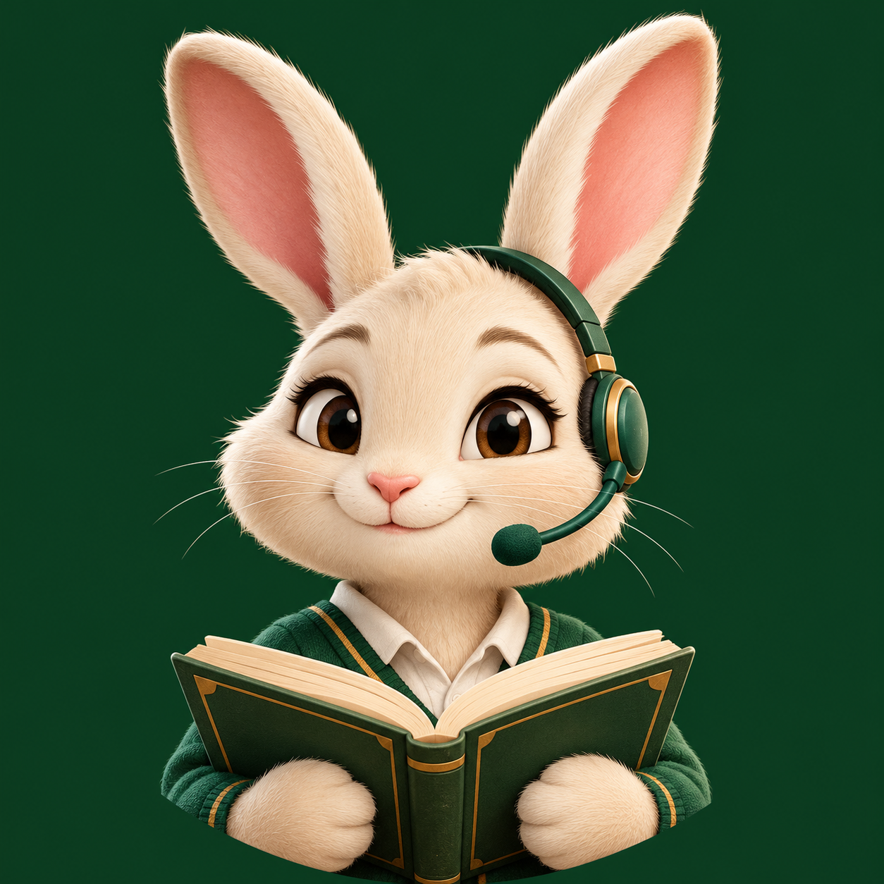 Poppy, the academy’s rabbit helper, wearing a headset and holding a book